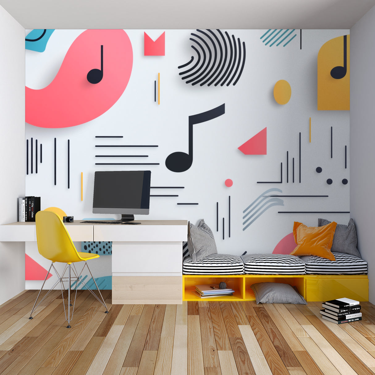 Music theme wall design adding energy to modern studio space