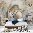 Music wallpaper with golden headphones in modern living room setting, showing seamless blend with contemporary furniture