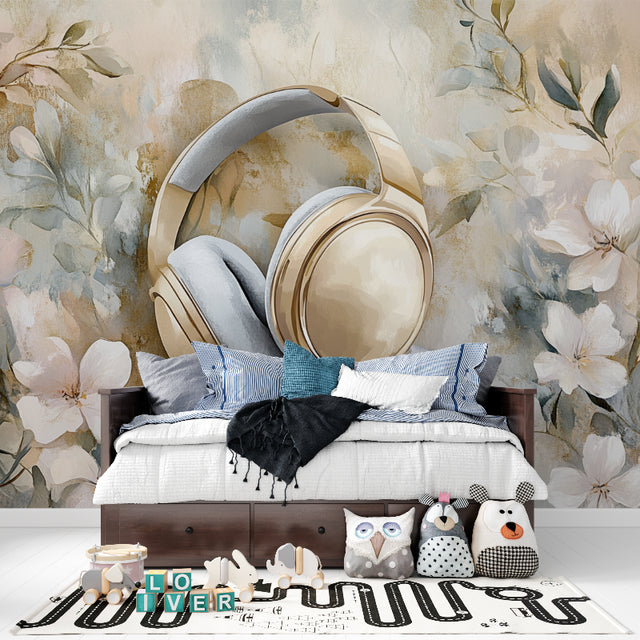 Music wallpaper with golden headphones in modern living room setting, showing seamless blend with contemporary furniture