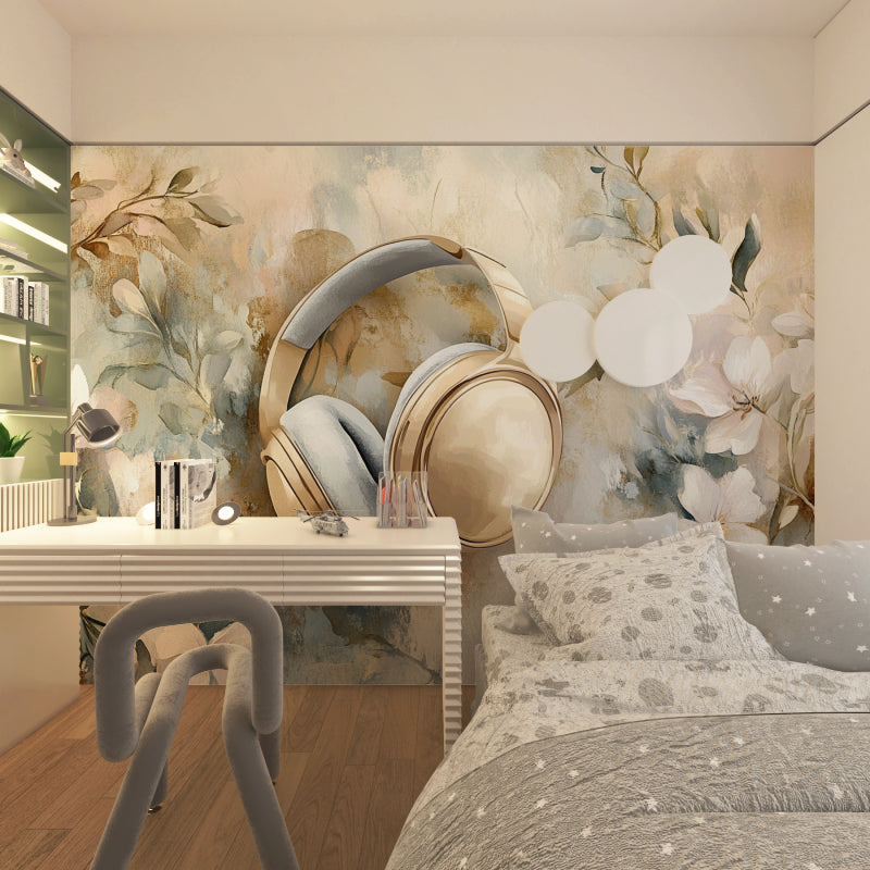Floral music wall mural creating focal point in teenage bedroom with study area