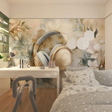 Floral music wall mural creating focal point in teenage bedroom with study area