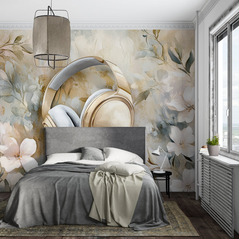 Modern music wallpaper showcased in home office with natural lighting