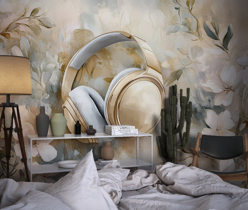 Music themed wall design highlighting golden headphones in cozy reading nook
