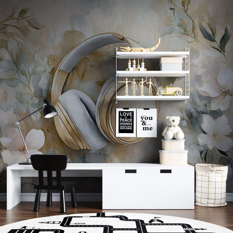 Headphones wall mural bringing style to modern studio apartment setup