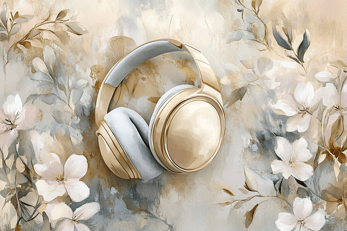 Design file showing detailed floral pattern with golden headphones on beige background