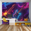 Neon guitar music wallpaper lighting up a modern teen bedroom with electric energy