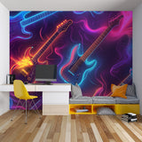 Neon guitar music wallpaper lighting up a modern teen bedroom with electric energy