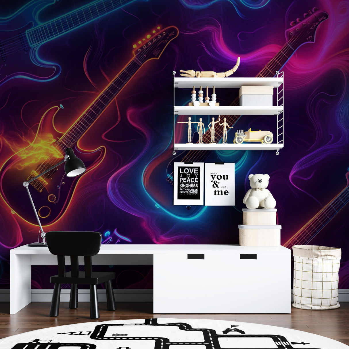 Music theme wall mural adding vibrant glow to a home recording studio space