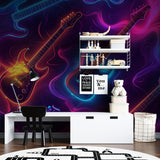 Music theme wall mural adding vibrant glow to a home recording studio space