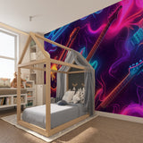 Electric guitar wallpaper creating atmosphere in a contemporary living room