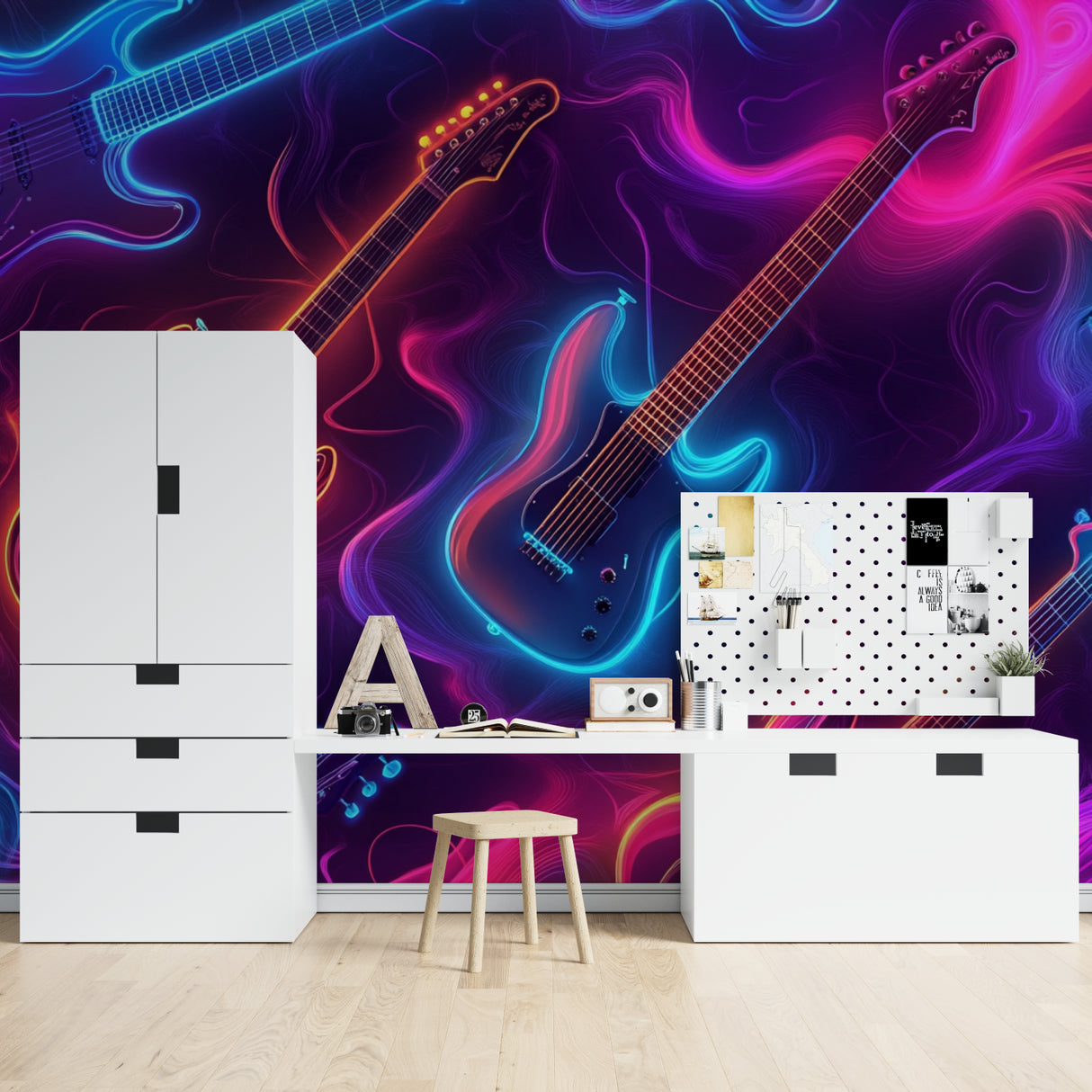 Neon music wallpaper transforming a game room with bold guitar design