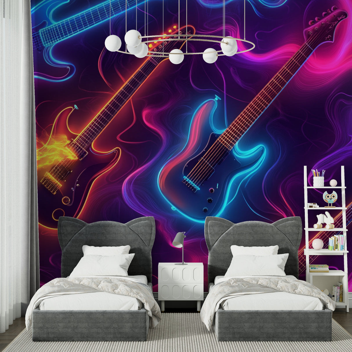 Guitar wall mural bringing energy to a modern entertainment space