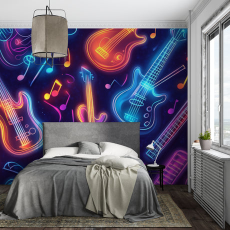 Music wallpaper with neon guitar design brightening a modern teen bedroom with purple and blue glow