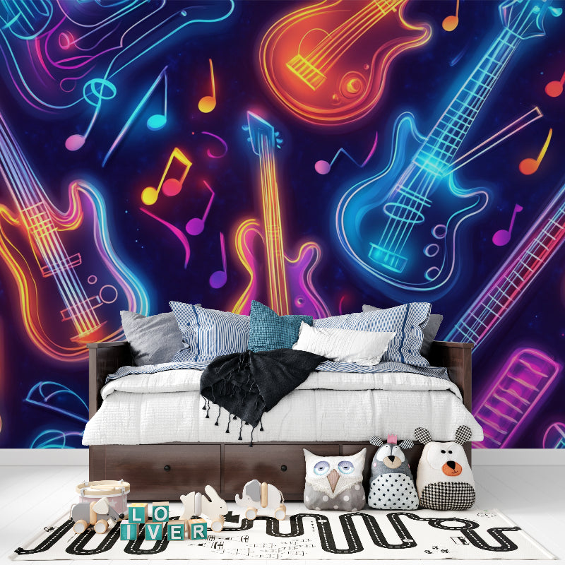 Neon music wall mural creating atmosphere in a home recording studio space