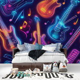 Neon music wall mural creating atmosphere in a home recording studio space