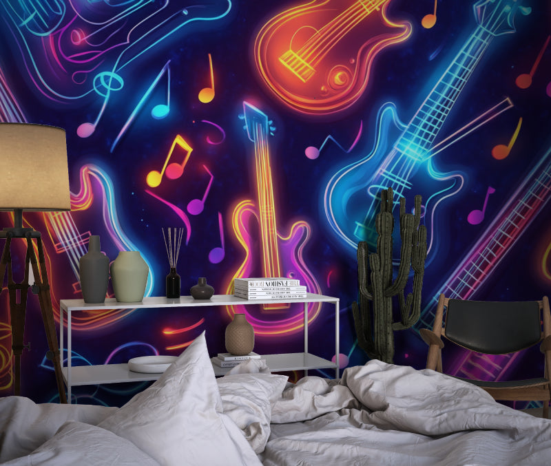 Guitar wall mural adding energy to a music practice room with dramatic lighting