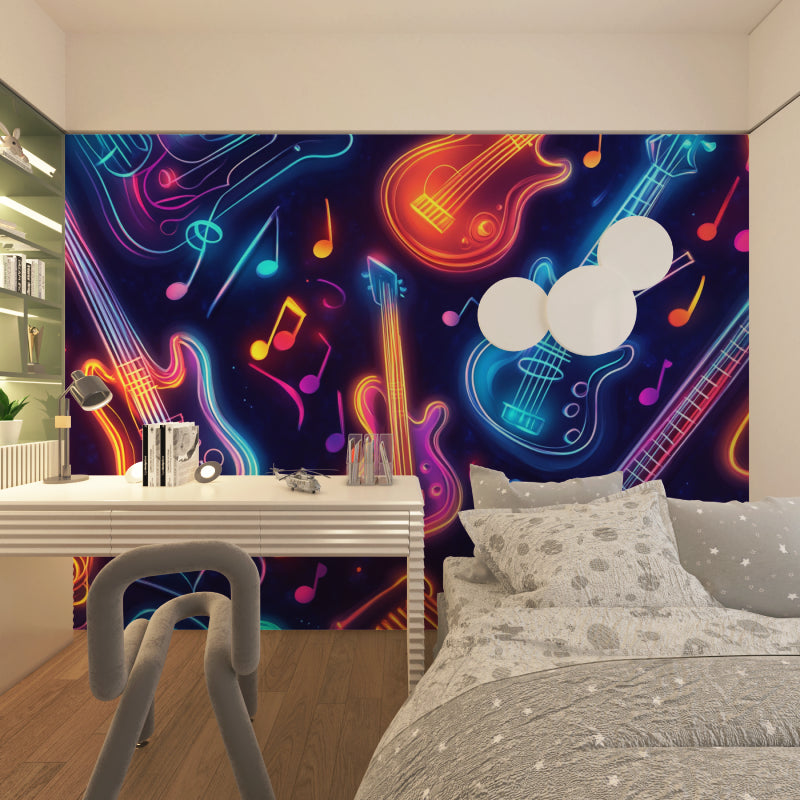 Music themed wallpaper transforming a gaming room with electric neon glow
