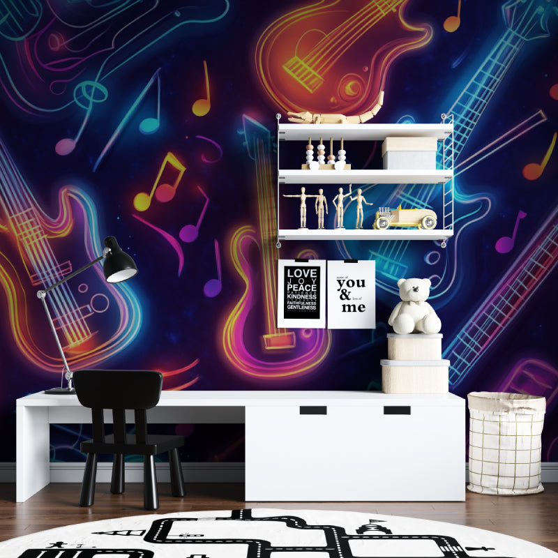 Neon guitar mural bringing vibrant energy to a modern living room space