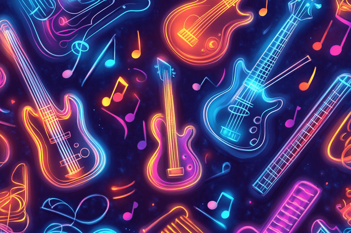 Design file showing detailed neon guitar pattern with flowing musical notes on dark background