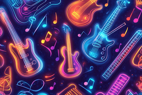 Design file showing detailed neon guitar pattern with flowing musical notes on dark background