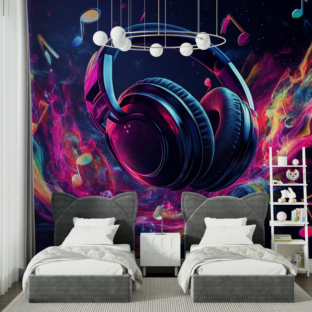 Music wallpaper with neon headphones creating cool vibes in modern teen bedroom