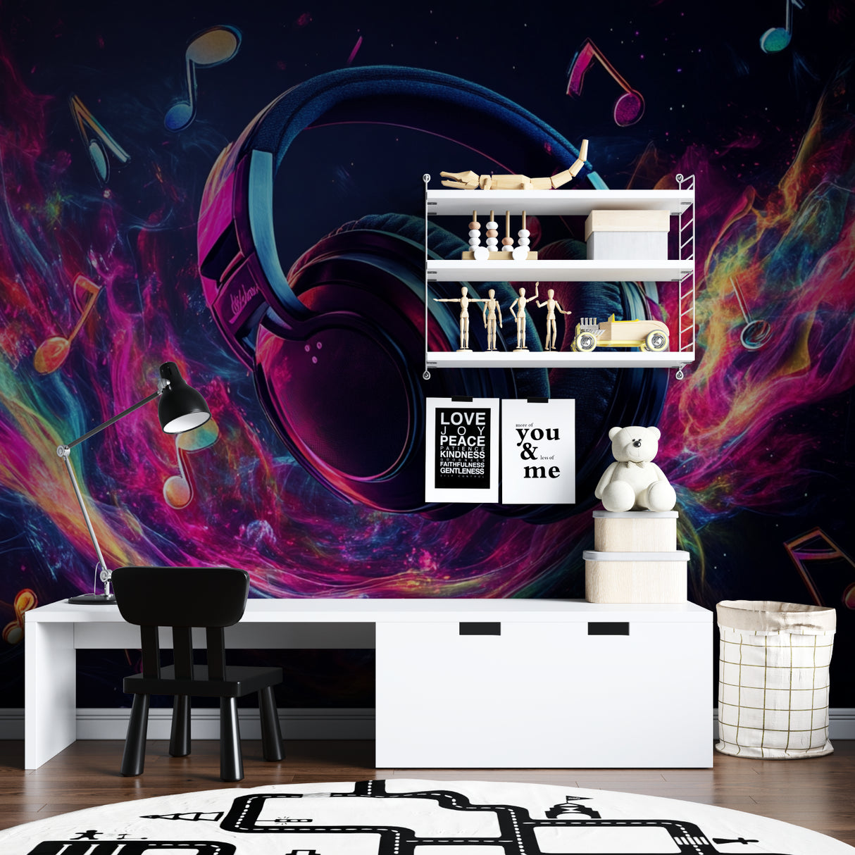 Neon music wall mural bringing energy to gaming room setup