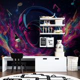 Neon music wall mural bringing energy to gaming room setup