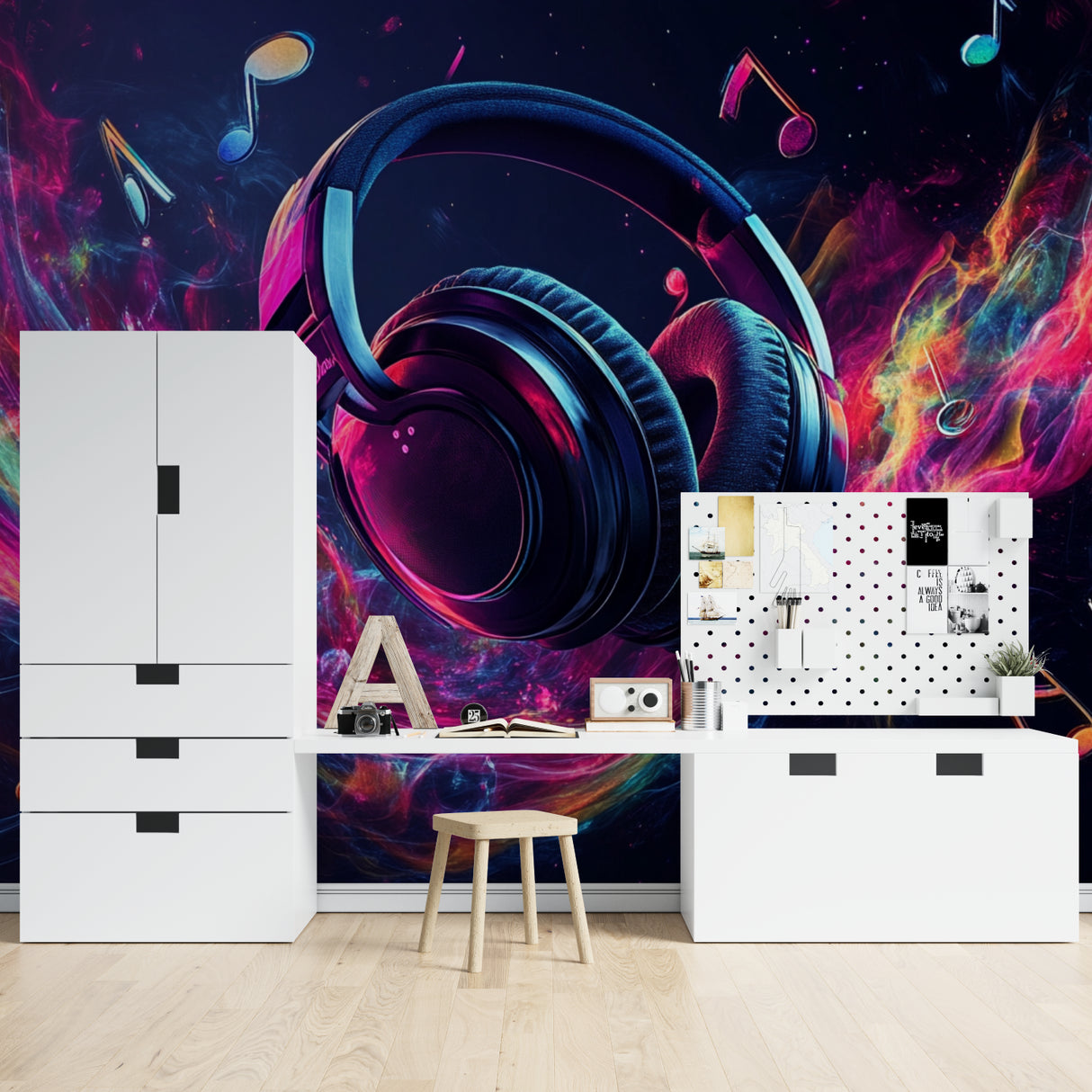 Neon headphones wallpaper lighting up modern office wall
