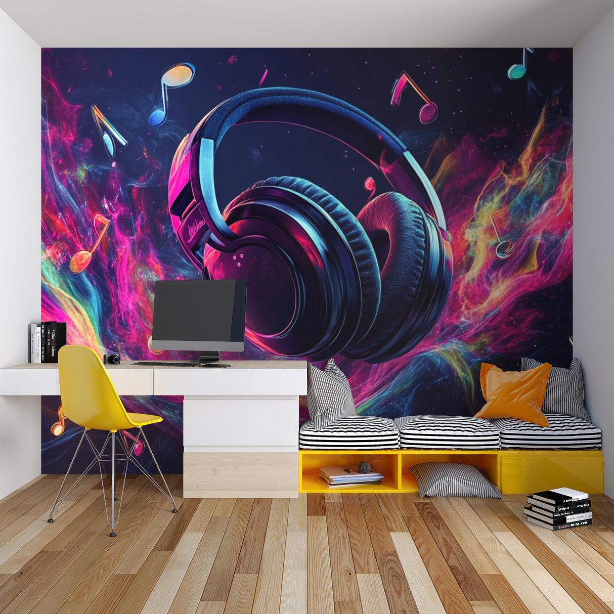Music themed mural transforming basement entertainment room