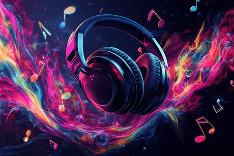 Music wallpaper design file showing neon headphones and galaxy pattern details