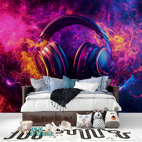 Music wallpaper with neon headphones design shown in modern teen bedroom with LED strip lights