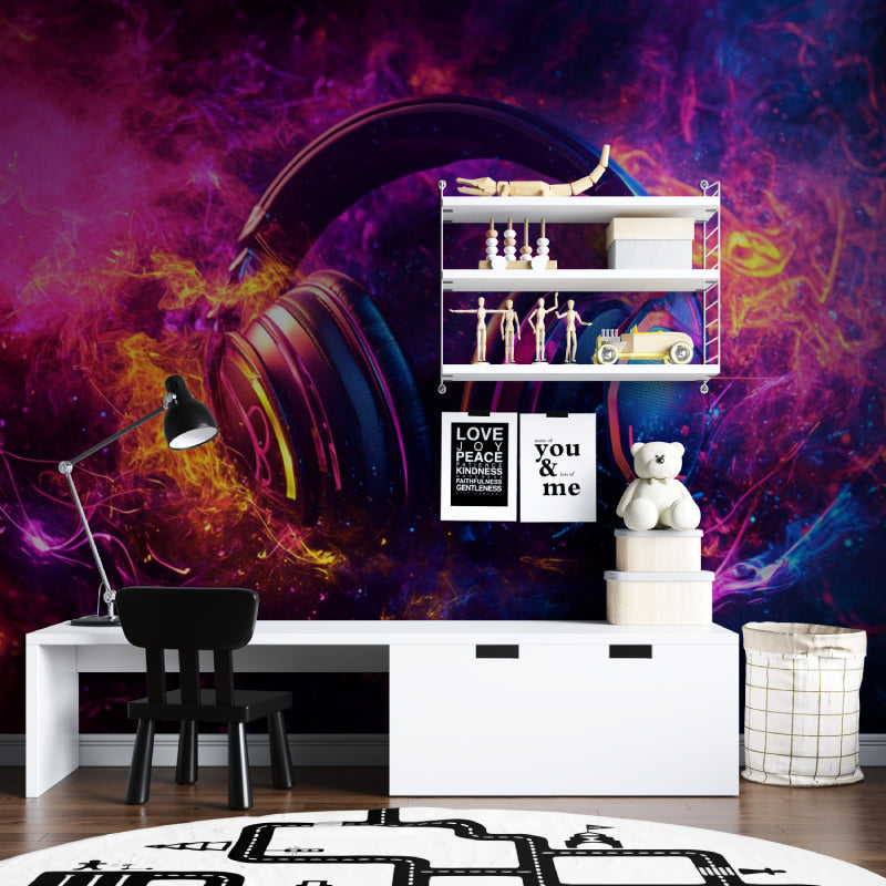 Neon headphones galaxy wallpaper displayed in home music studio setup