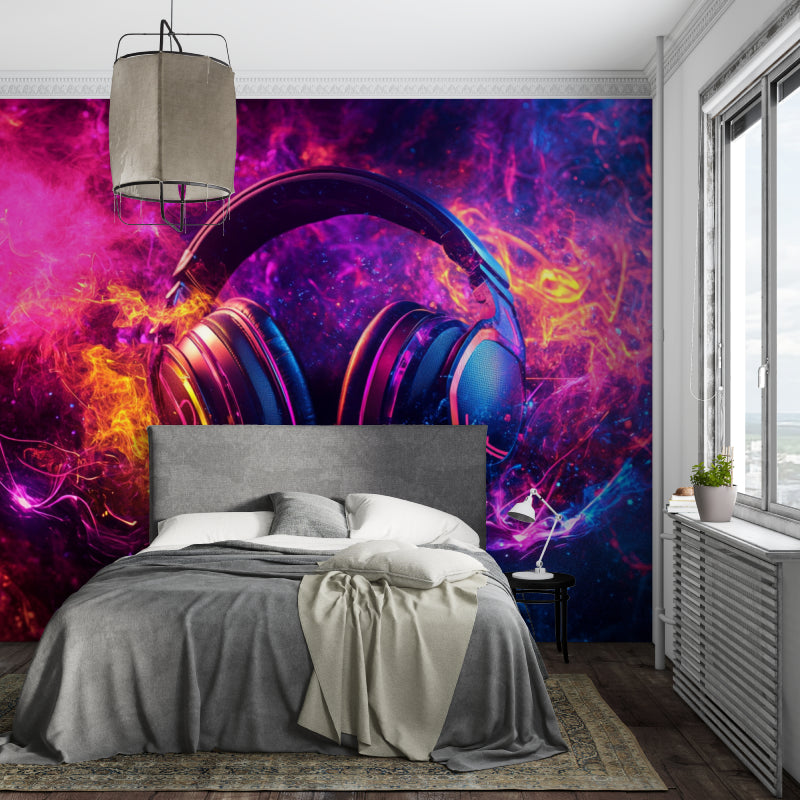 Galaxy music wallpaper creating atmosphere in gaming room with RGB lighting