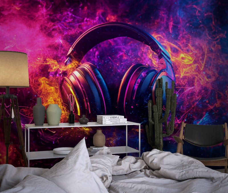 Music themed wall mural in contemporary bedroom with purple accent lighting