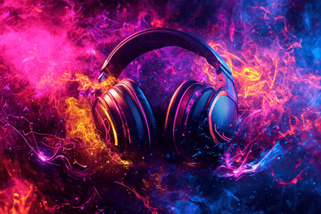 Design file of neon headphones with galaxy effect wall mural showing vibrant colors and detailed pattern