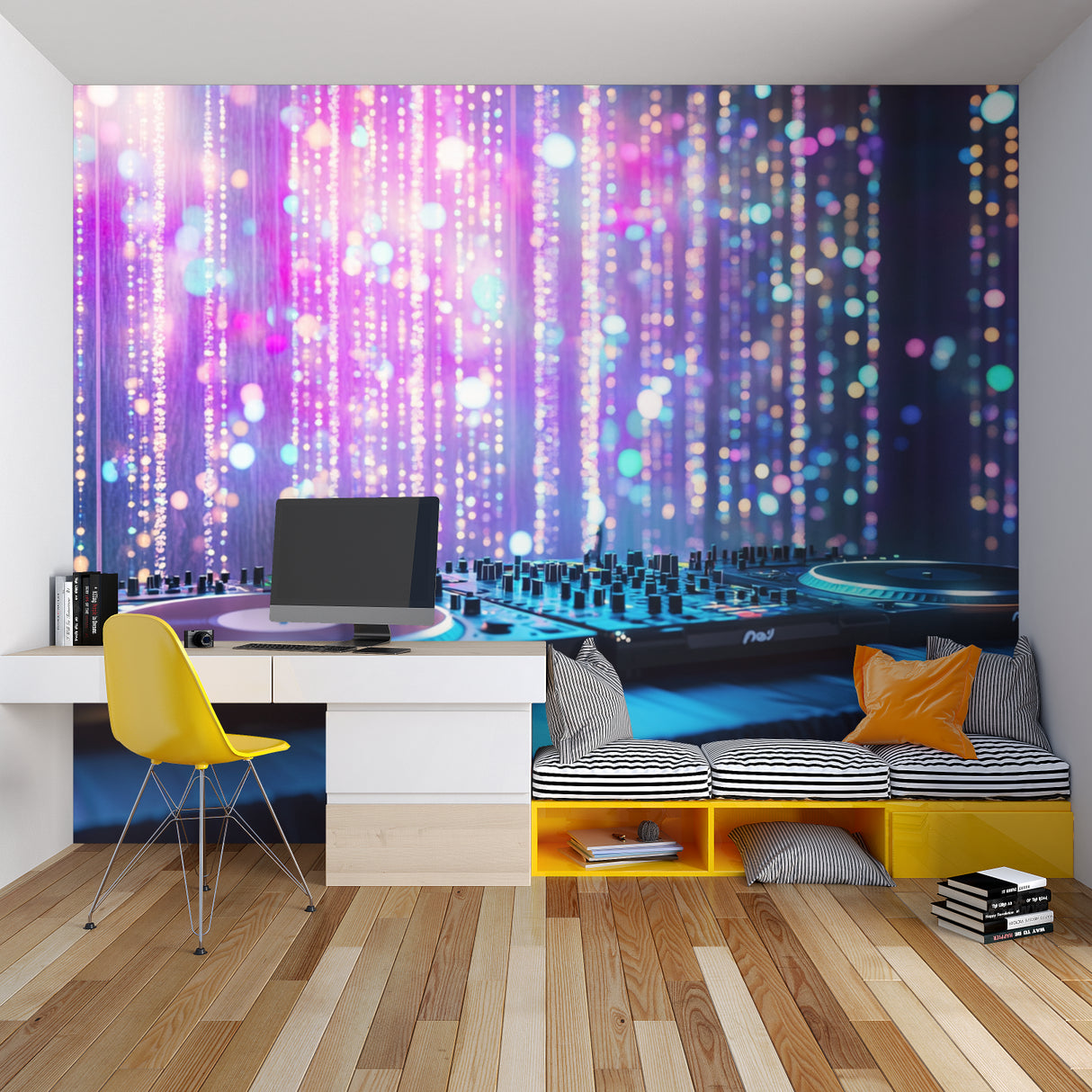 Music themed wallpaper with neon lights creating vibrant atmosphere in modern teen bedroom
