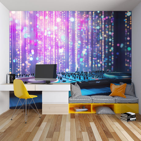 Music themed wallpaper with neon lights creating vibrant atmosphere in modern teen bedroom