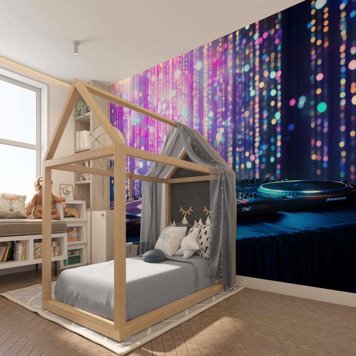 Neon light music wallpaper bringing energy to contemporary living room space