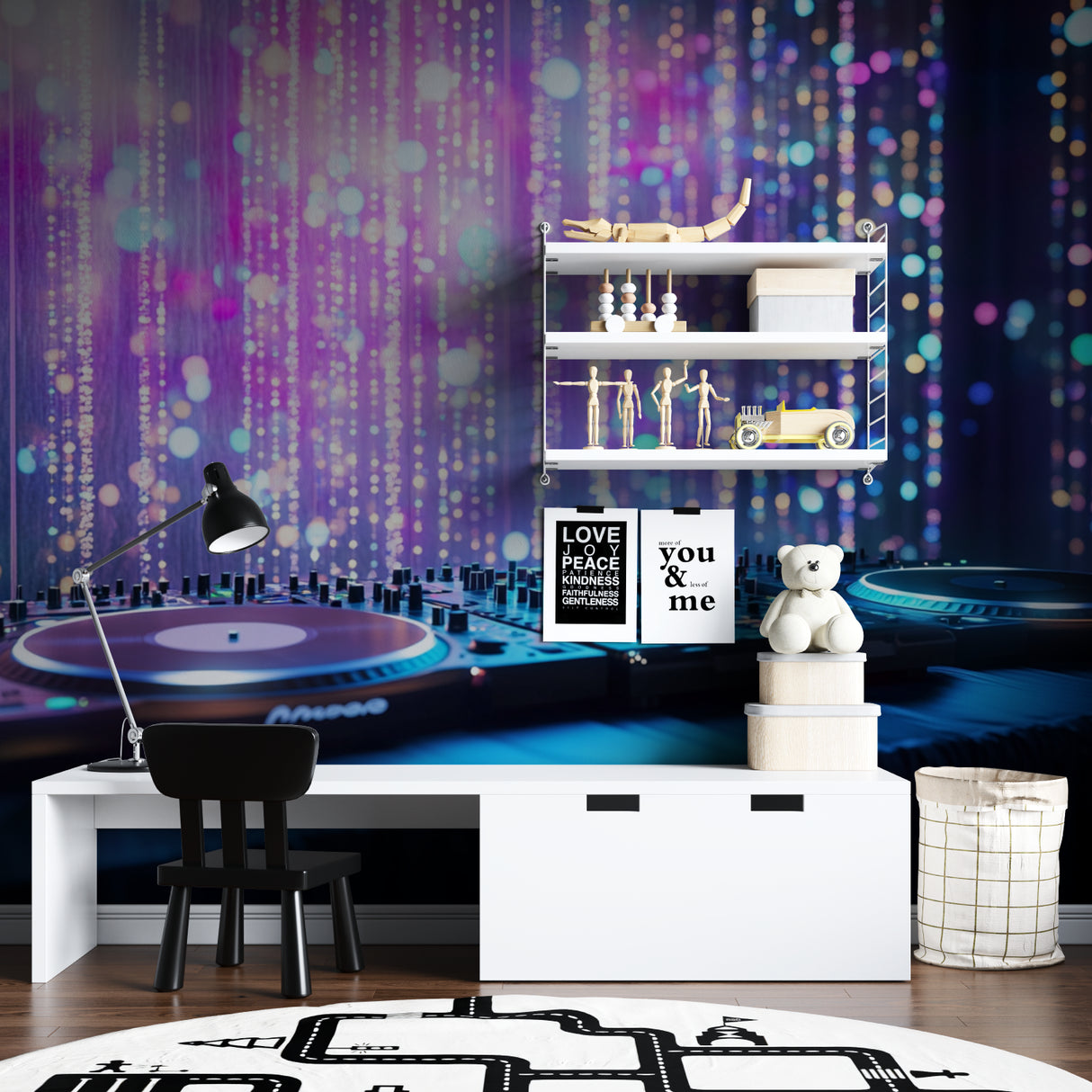 Music wall mural with flowing neon lights installed in home recording studio