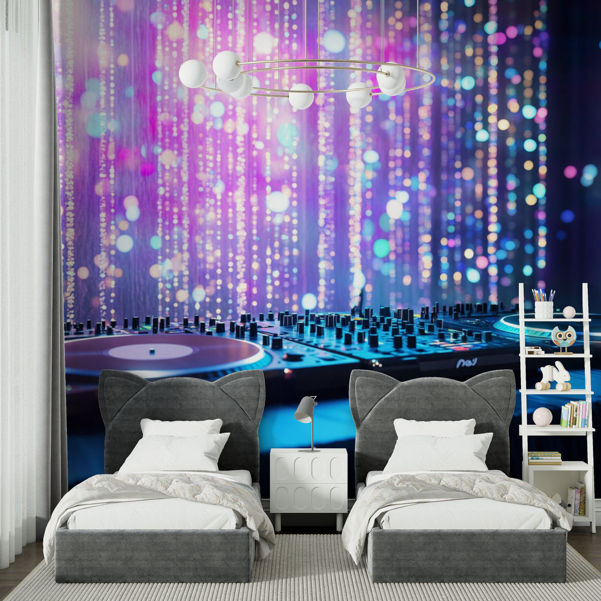 Neon music themed wall design creating party atmosphere in game room