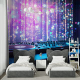 Neon music themed wall design creating party atmosphere in game room