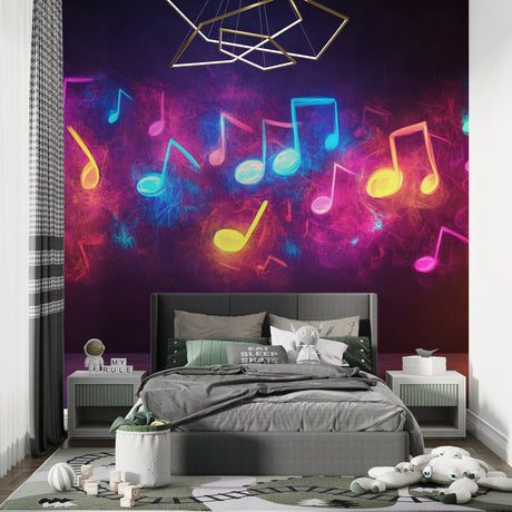 Music themed wallpaper with neon notes displayed in modern teen bedroom, creating a vibrant practice space