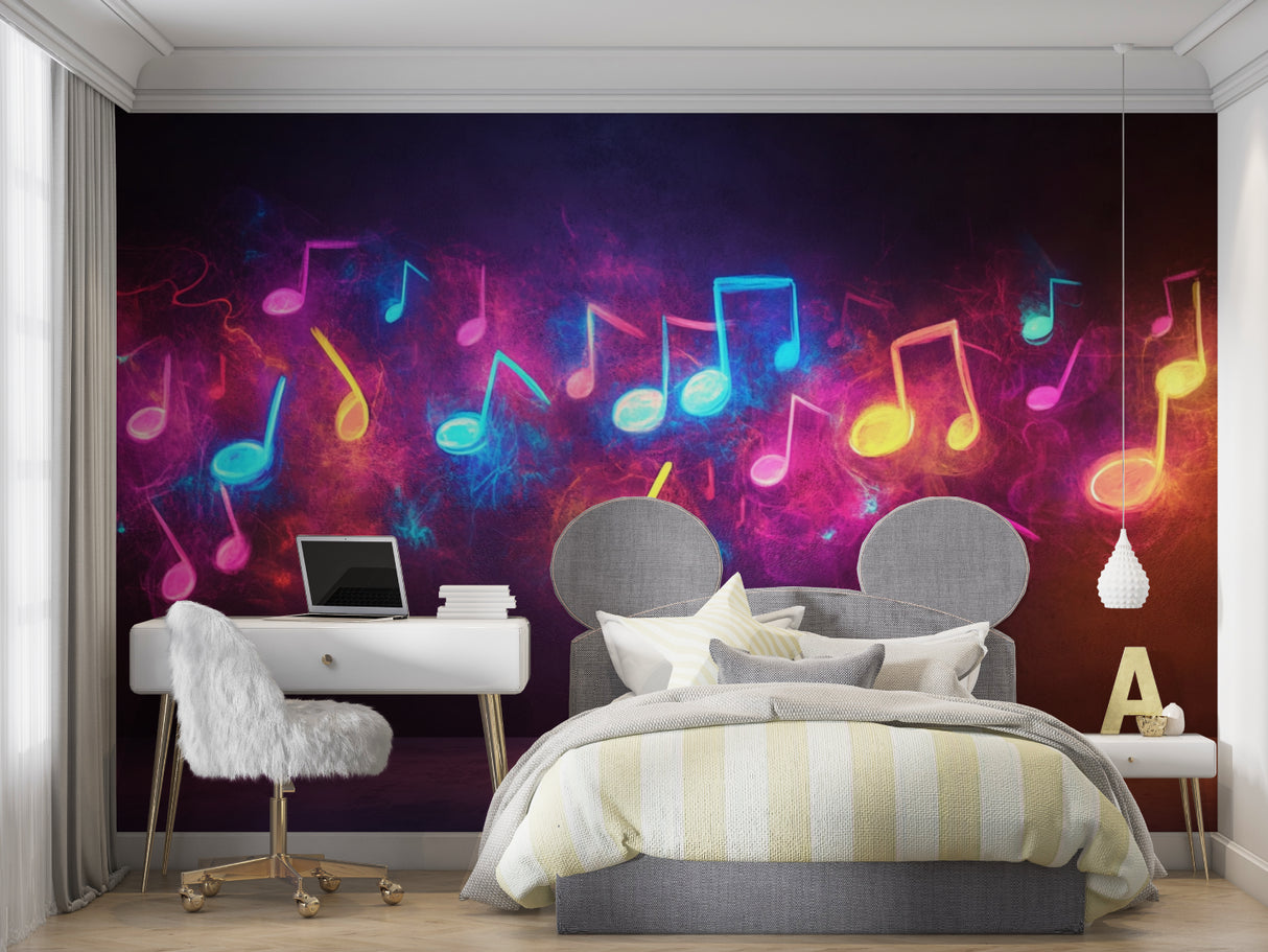 Neon music note wallpaper bringing energy to a home recording studio setup