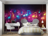 Neon music note wallpaper bringing energy to a home recording studio setup