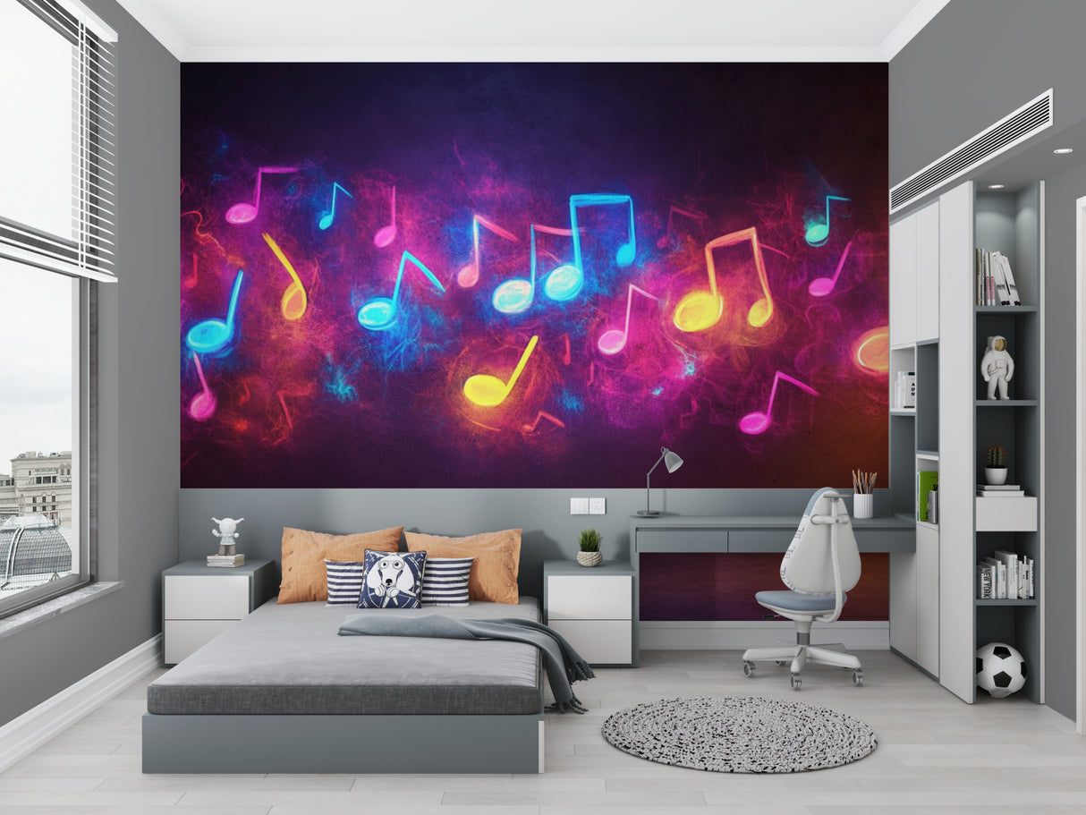 Purple galaxy music wallpaper featured in a cozy reading nook with piano