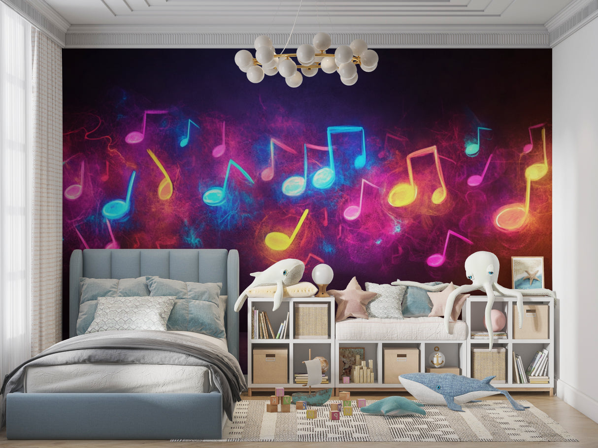 Neon music wallpaper transforming a gaming room with purple galaxy theme