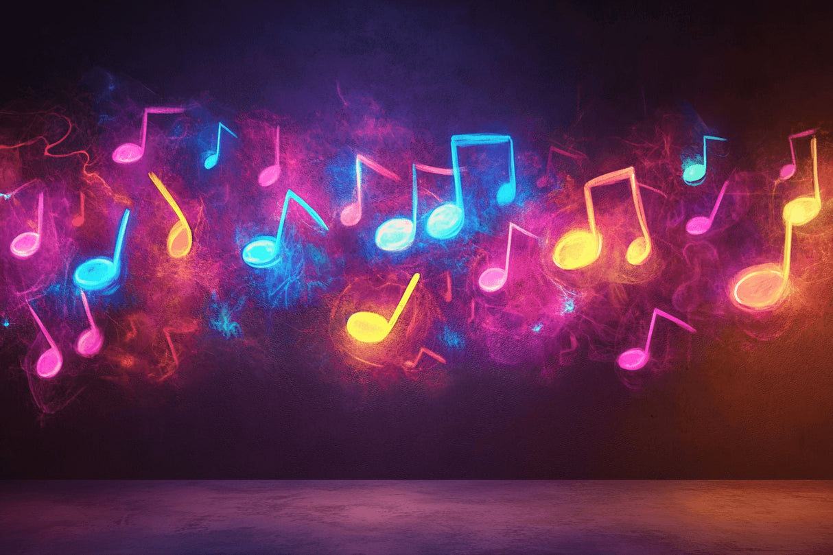 Design file showing glowing neon musical notes floating on purple galaxy background