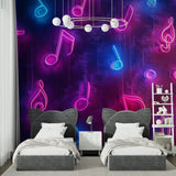 Music note wallpaper in modern teen bedroom, neon design glowing against purple galaxy background