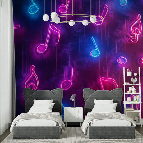 Music note wallpaper in modern teen bedroom, neon design glowing against purple galaxy background
