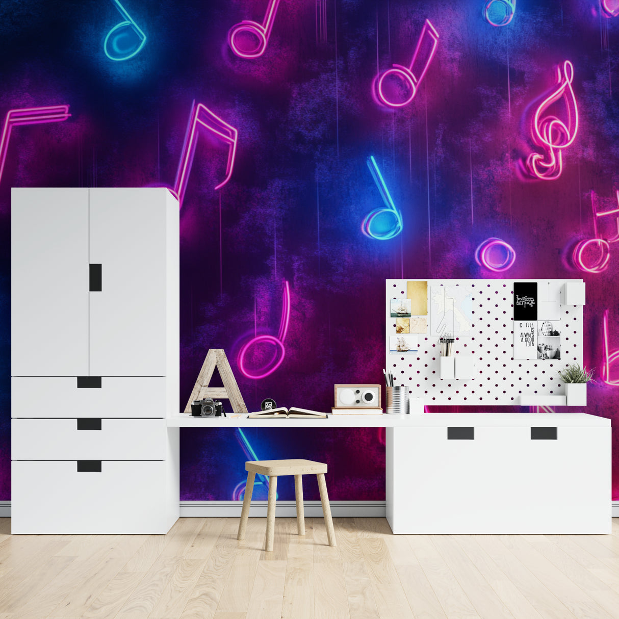 Neon music wallpaper lighting up a recording studio with vibrant purple galaxy effect